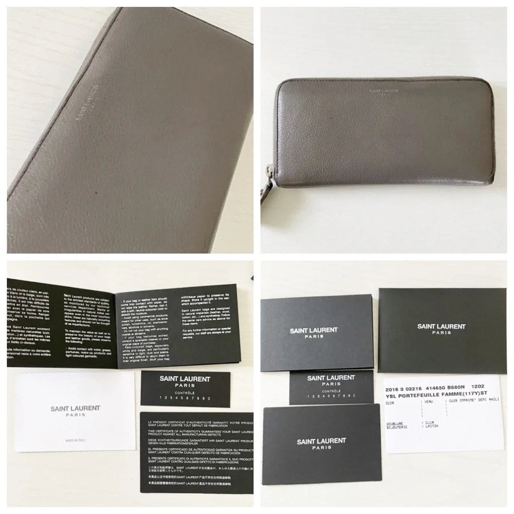 Saint Laurent gray leather YSL zipper long zip wallet